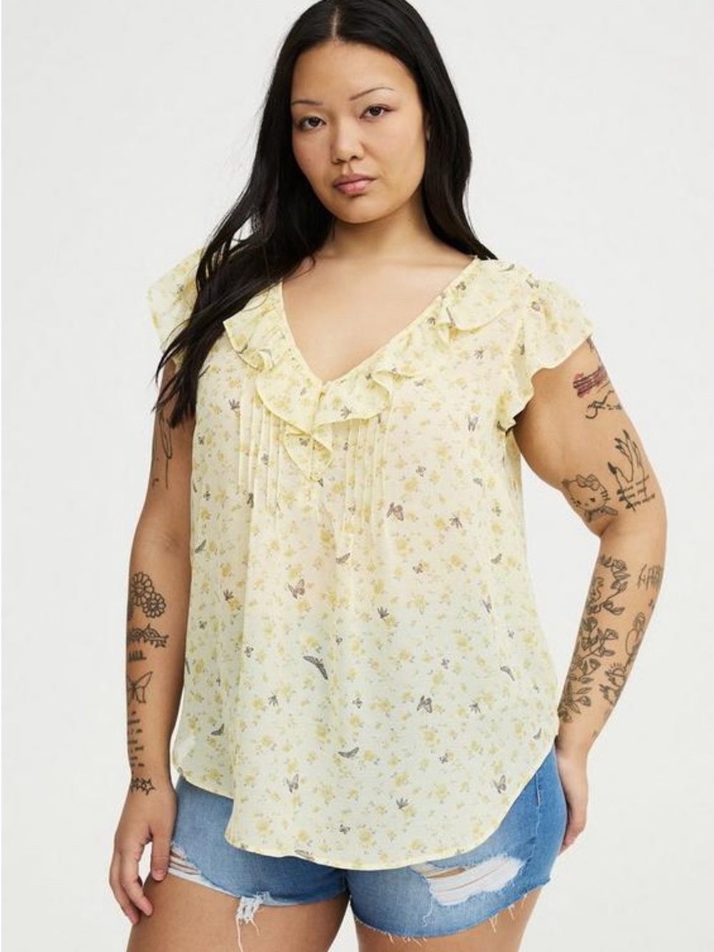 Torrid Chiffon Yellow Bugging Floral Yellow Blouse Top Womens 2 Spring SummerNWT